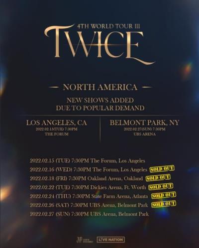 TWICEの第4ワールドツアー米国5都市公演チケットが完売し、2公演追加決定！